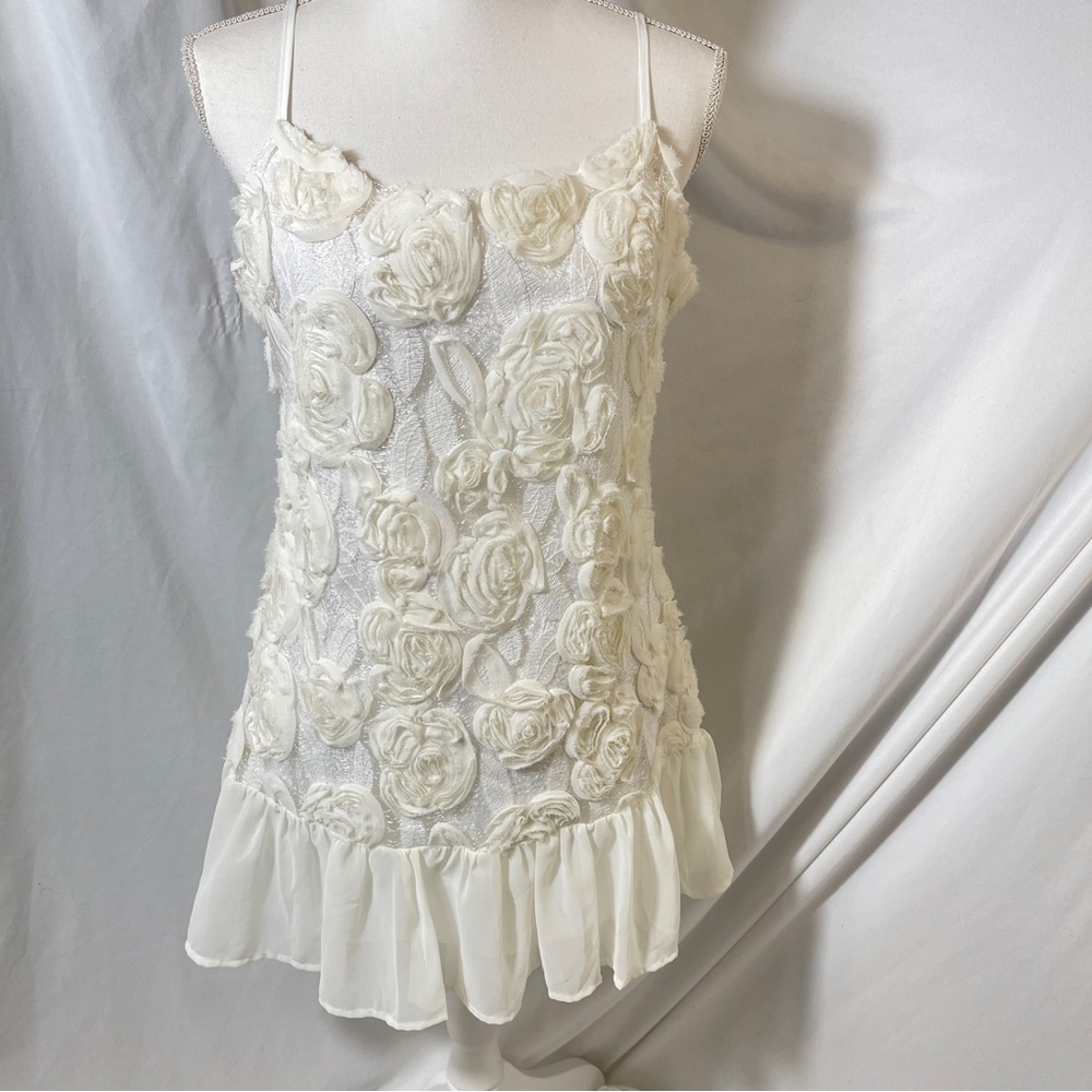Ivory Floral Appliqué Mini Dress - Sleeveless Spaghetti Strap